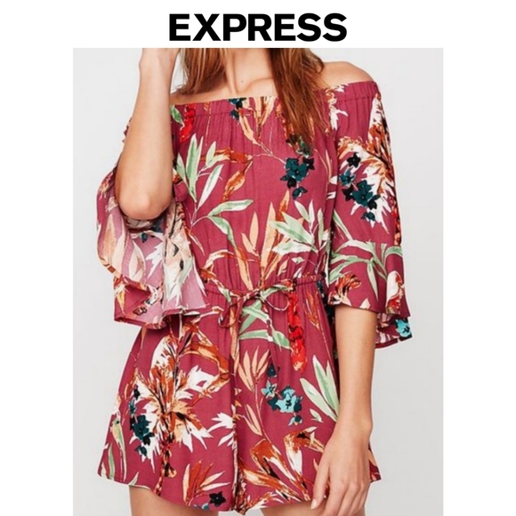 Express Pants - Express Red Floral Off the Shoulder Romper